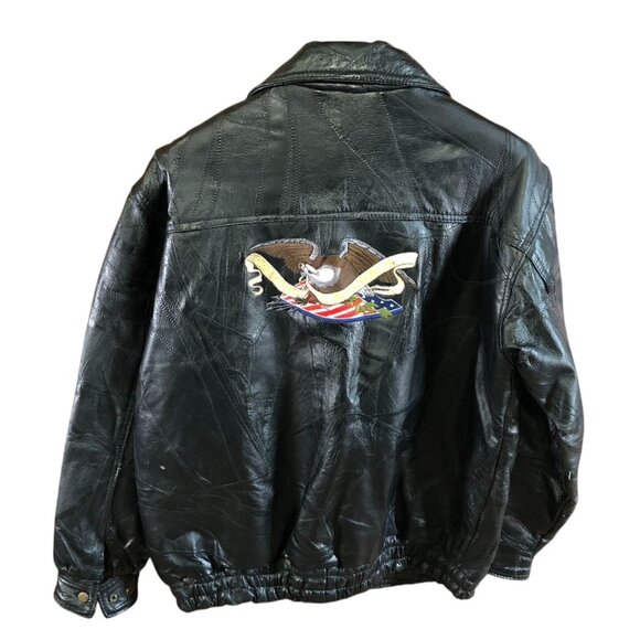 Vintage Men's Leather Jacket Large Patriotic Black Full Zip Collared Biker - Picture 2 of 16